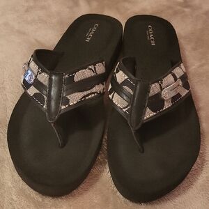Coach Black and Cream Signature Canvas Thong Sandals